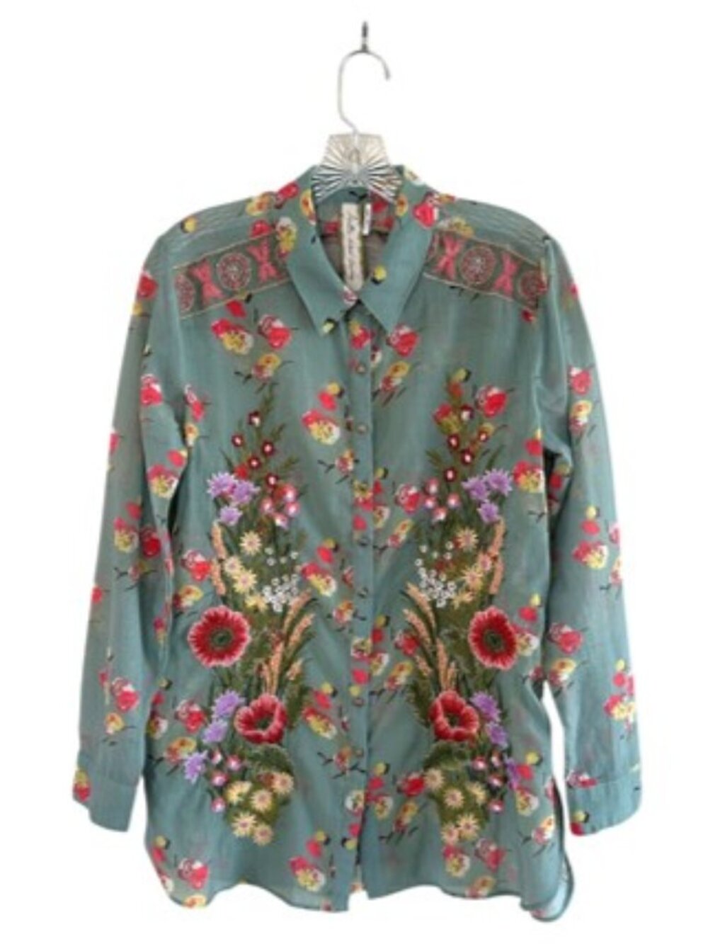 Aratta Silent Journey MIA Grace Floral Embroidered Blouse, S, Green Boho Artsy